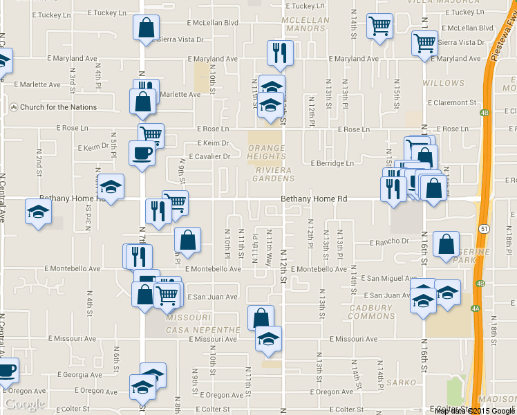 map of restaurants, bars, coffee shops, grocery stores, and more near 11-17 East Bethany Home Road in Phoenix
