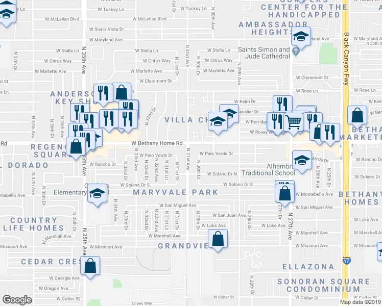 map of restaurants, bars, coffee shops, grocery stores, and more near in Phoenix