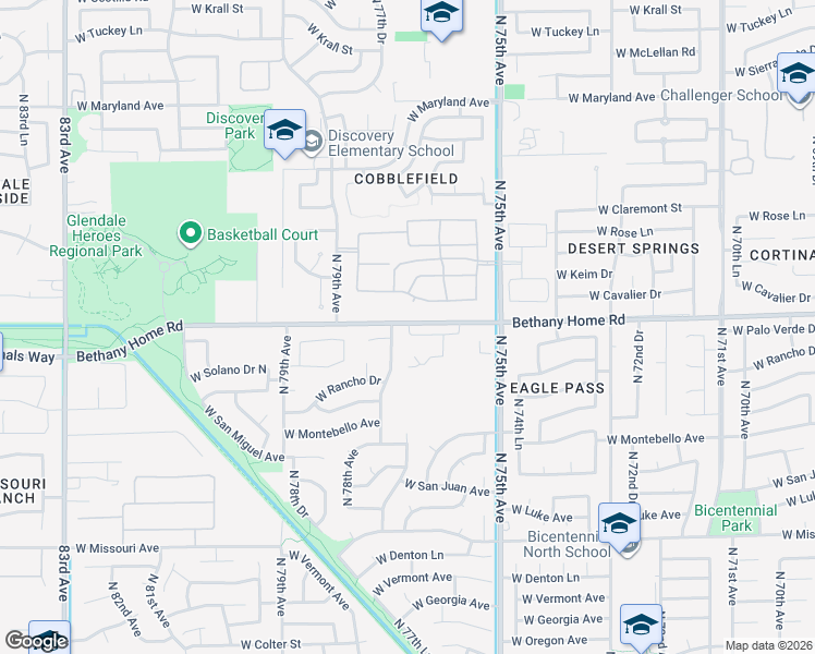 map of restaurants, bars, coffee shops, grocery stores, and more near 7615 West Rovey Avenue in Glendale