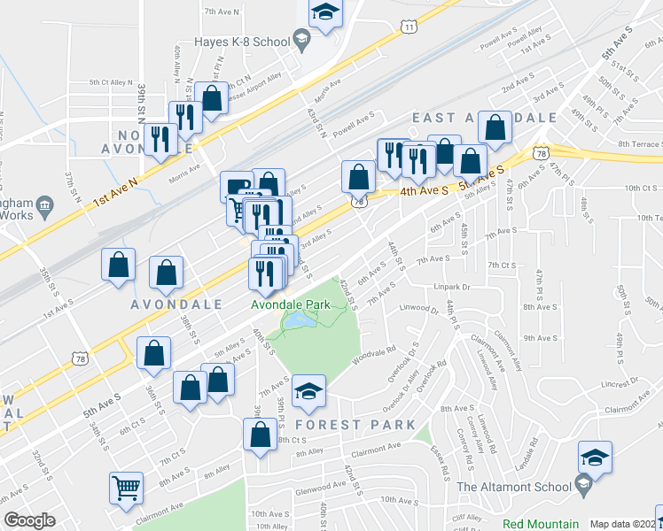 map of restaurants, bars, coffee shops, grocery stores, and more near 4229 4th Avenue South in Birmingham