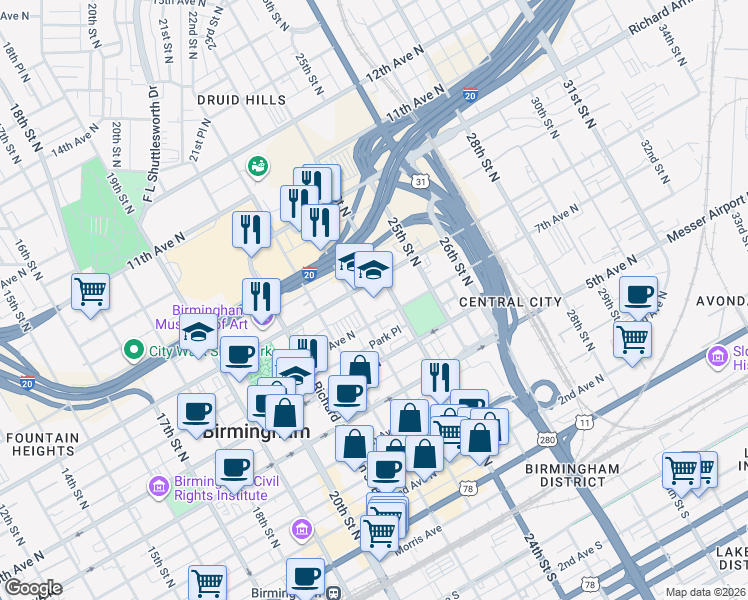 map of restaurants, bars, coffee shops, grocery stores, and more near 2316 7th Ave N in Birmingham
