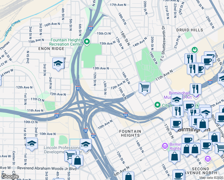 map of restaurants, bars, coffee shops, grocery stores, and more near 1413 12th Avenue North in Birmingham