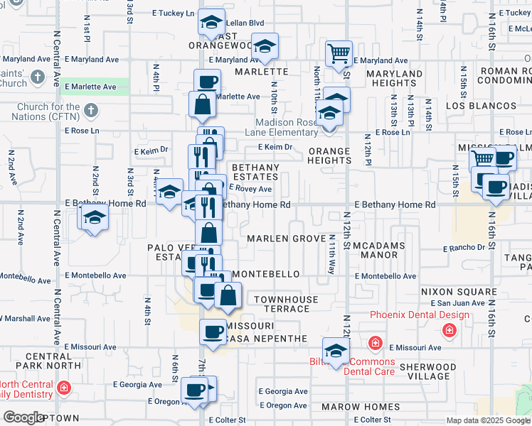 map of restaurants, bars, coffee shops, grocery stores, and more near 929 E Bethany Home Rd in Phoenix