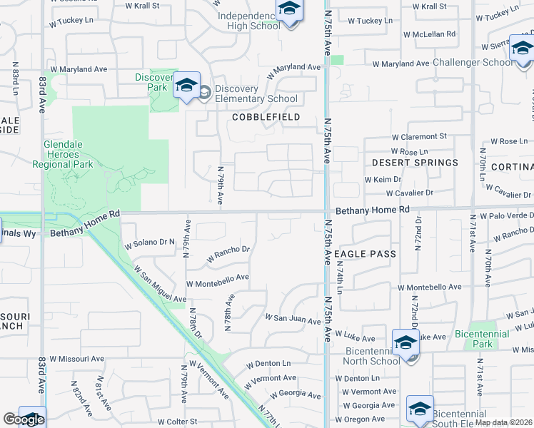 map of restaurants, bars, coffee shops, grocery stores, and more near 7677 West Bethany Home Road in Glendale