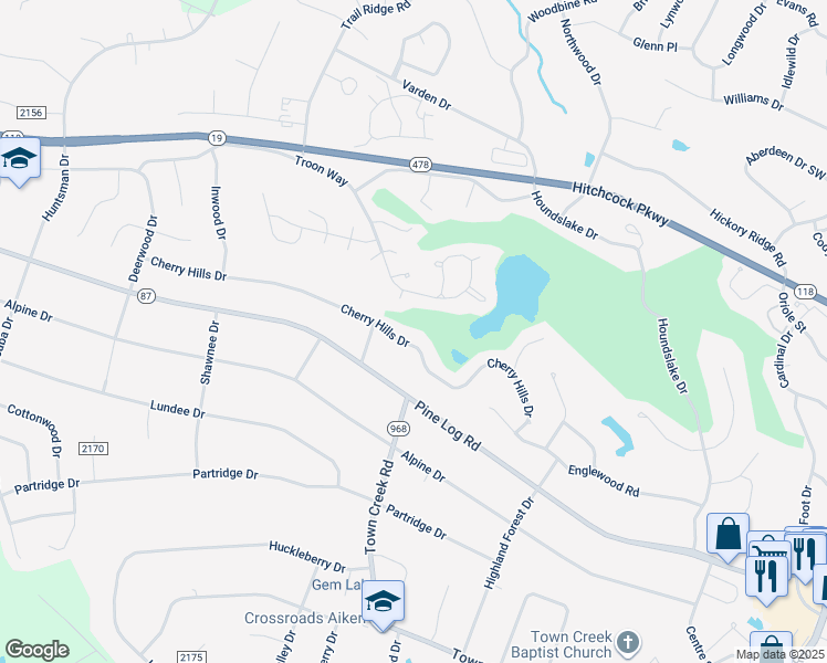 map of restaurants, bars, coffee shops, grocery stores, and more near 84 Cherry Hills Drive in Aiken