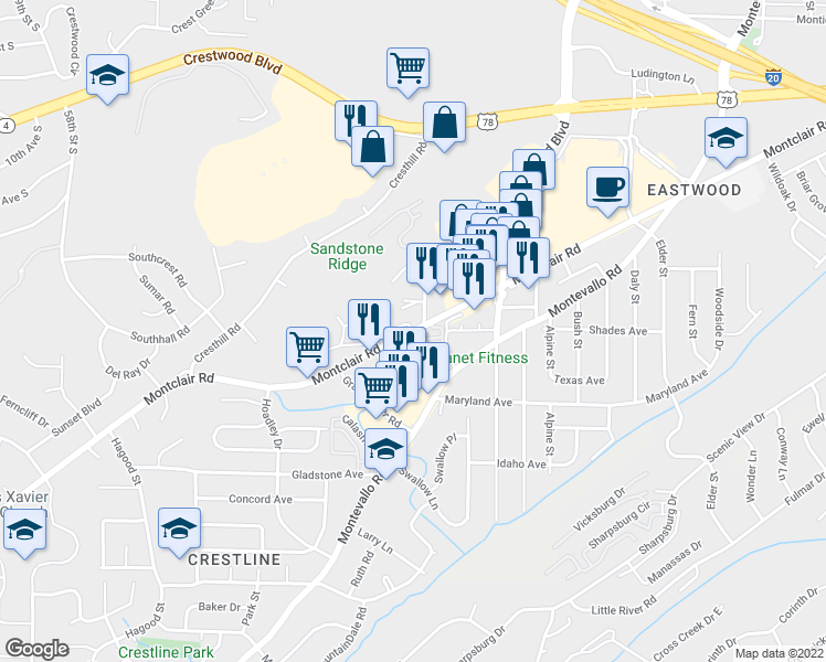 map of restaurants, bars, coffee shops, grocery stores, and more near 1400 Montclair Road in Birmingham