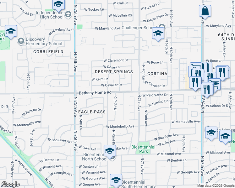 map of restaurants, bars, coffee shops, grocery stores, and more near 5857 North 72nd Drive in Glendale