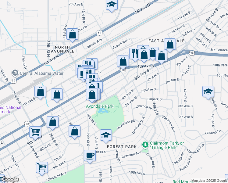 map of restaurants, bars, coffee shops, grocery stores, and more near 4229 4th Avenue South in Birmingham