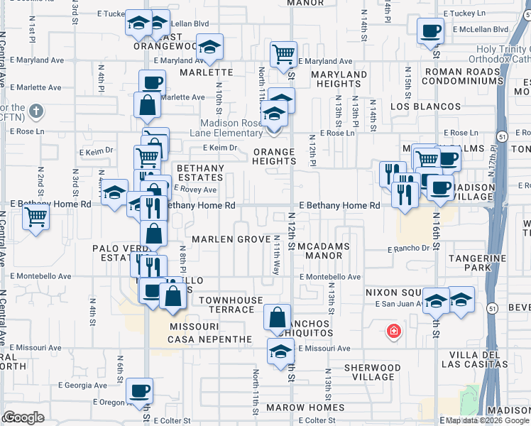 map of restaurants, bars, coffee shops, grocery stores, and more near 11-17 East Bethany Home Road in Phoenix
