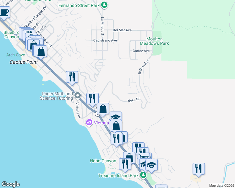 map of restaurants, bars, coffee shops, grocery stores, and more near 586 Nyes Place in Laguna Beach