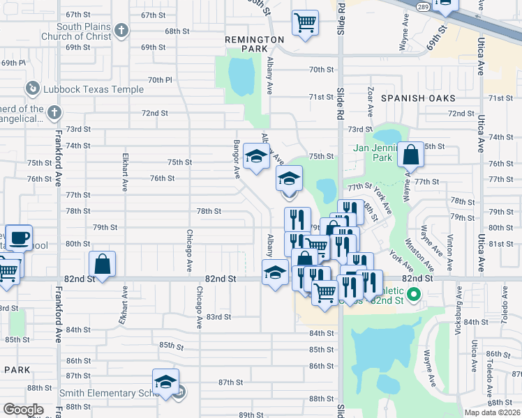 map of restaurants, bars, coffee shops, grocery stores, and more near 7714 Albany Avenue in Lubbock