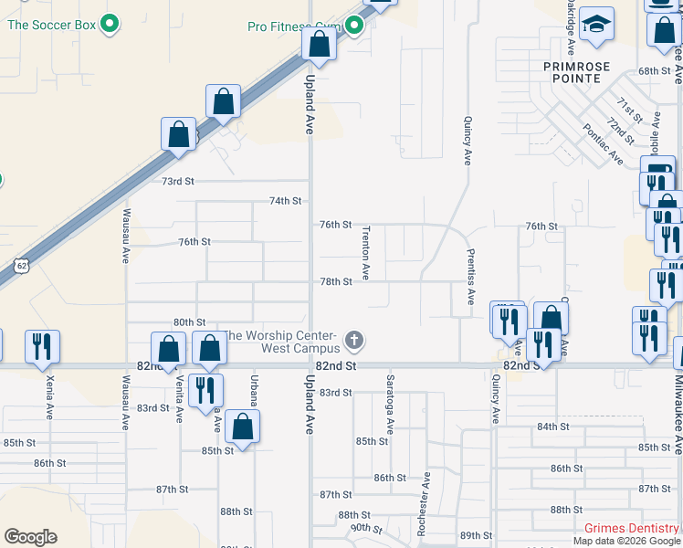 map of restaurants, bars, coffee shops, grocery stores, and more near 7204 78th Street in Lubbock