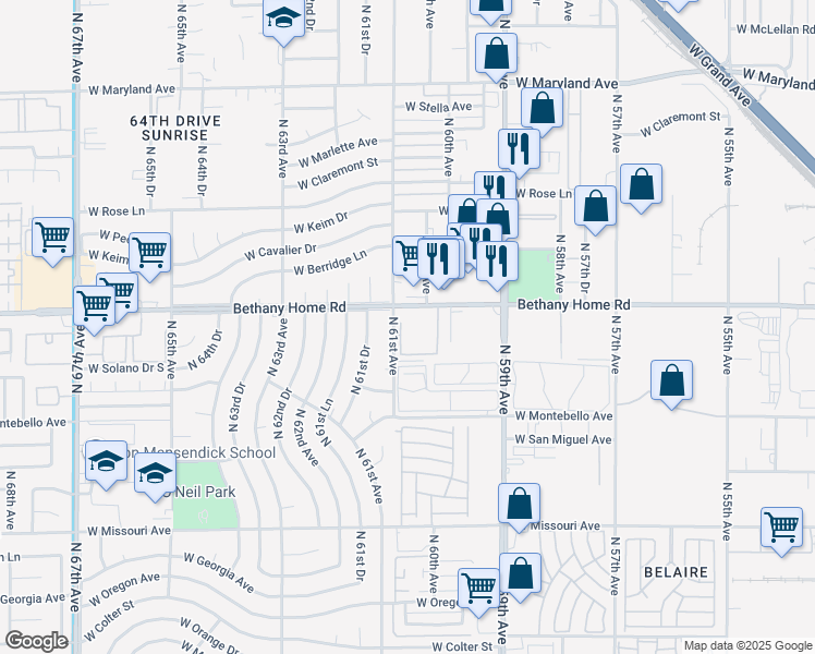 map of restaurants, bars, coffee shops, grocery stores, and more near 6033 West Bethany Home Road in Glendale