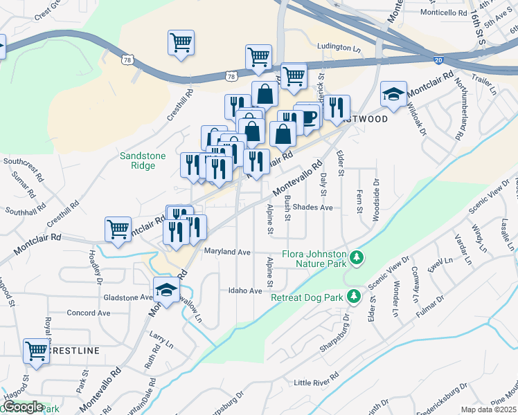 map of restaurants, bars, coffee shops, grocery stores, and more near 4631 Montevallo Road in Irondale
