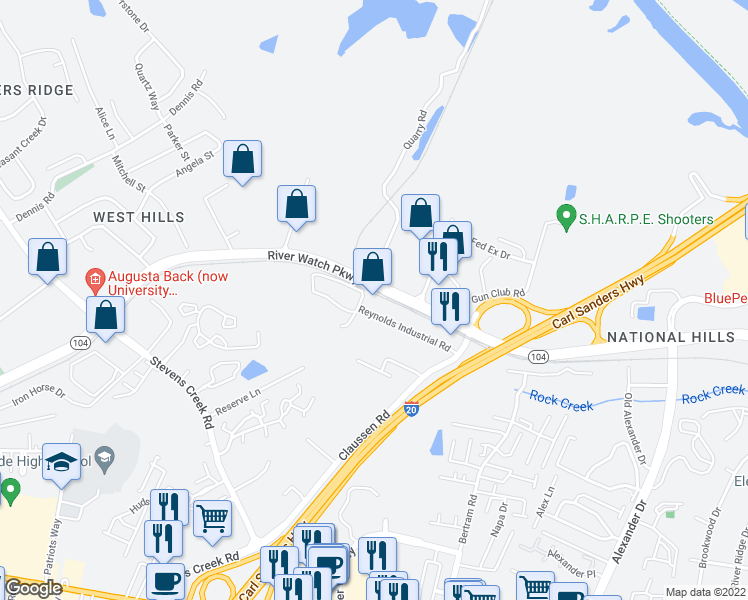 map of restaurants, bars, coffee shops, grocery stores, and more near 2525 Reynolds Industrial Road in Augusta