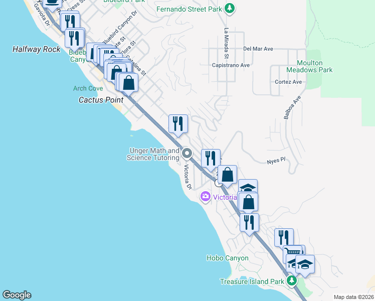 map of restaurants, bars, coffee shops, grocery stores, and more near 2607 Solana Way in Laguna Beach