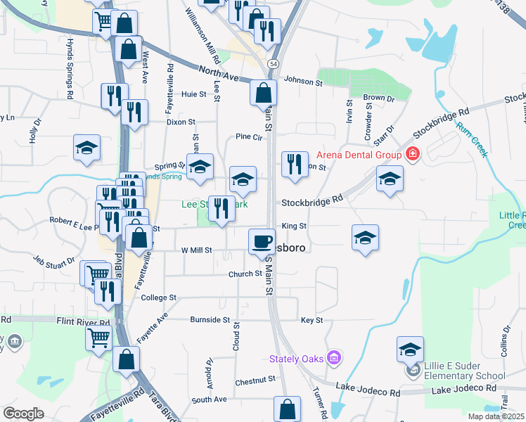 map of restaurants, bars, coffee shops, grocery stores, and more near 151 North Main Street in Jonesboro