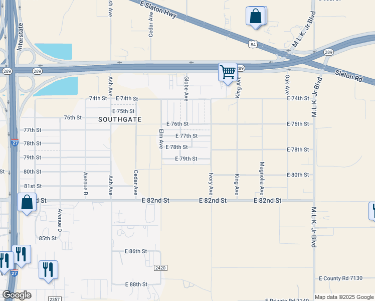 map of restaurants, bars, coffee shops, grocery stores, and more near 706 East 78th Street in Lubbock