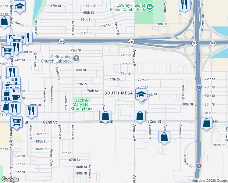 map of restaurants, bars, coffee shops, grocery stores, and more near 1808 79th Street in Lubbock