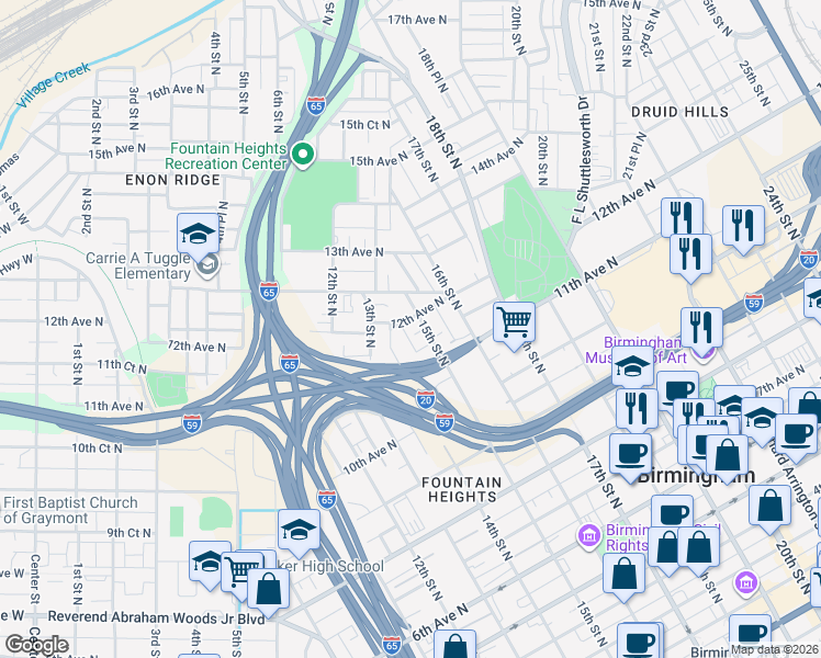 map of restaurants, bars, coffee shops, grocery stores, and more near 1413 12th Avenue North in Birmingham