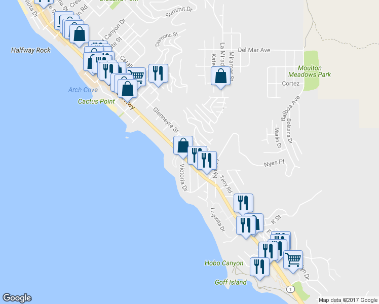 map of restaurants, bars, coffee shops, grocery stores, and more near 2626 Solana Way in Laguna Beach