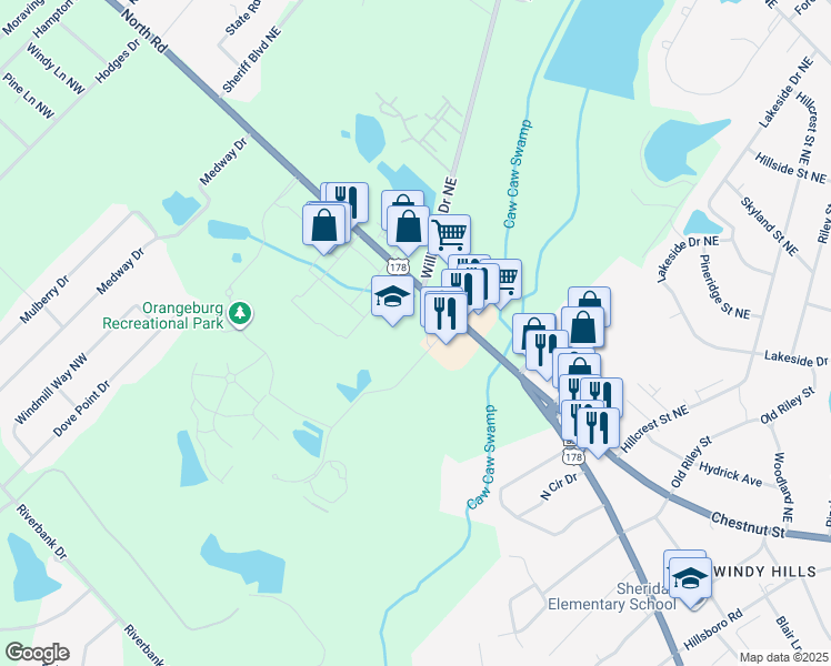 map of restaurants, bars, coffee shops, grocery stores, and more near 2651 North Road in Orangeburg