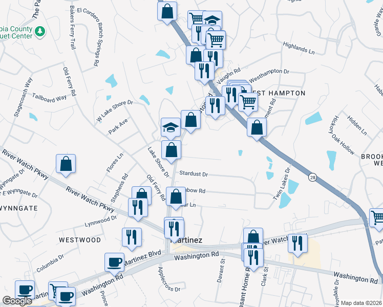 map of restaurants, bars, coffee shops, grocery stores, and more near 3573 Revere Road in Martinez