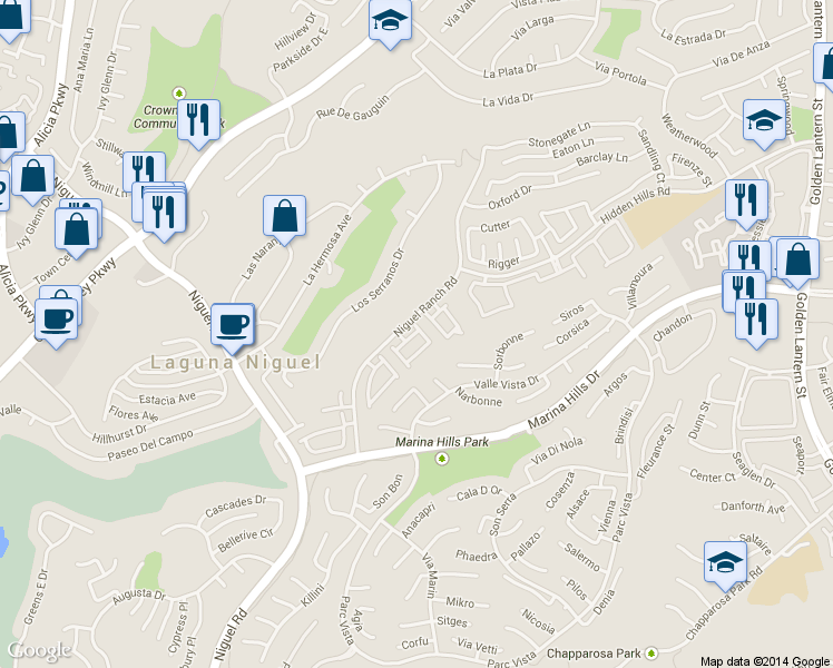 map of restaurants, bars, coffee shops, grocery stores, and more near 24586 Camden Court in Laguna Niguel