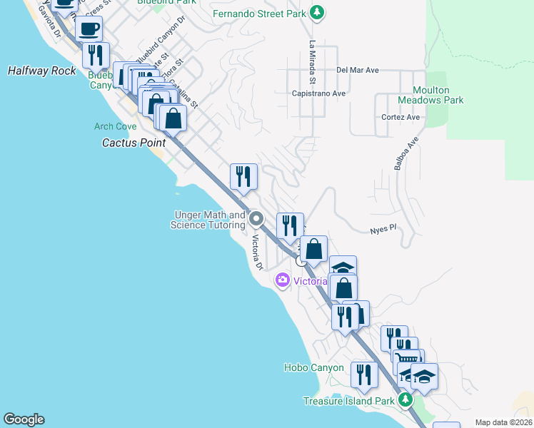 map of restaurants, bars, coffee shops, grocery stores, and more near 2626 Solana Way in Laguna Beach