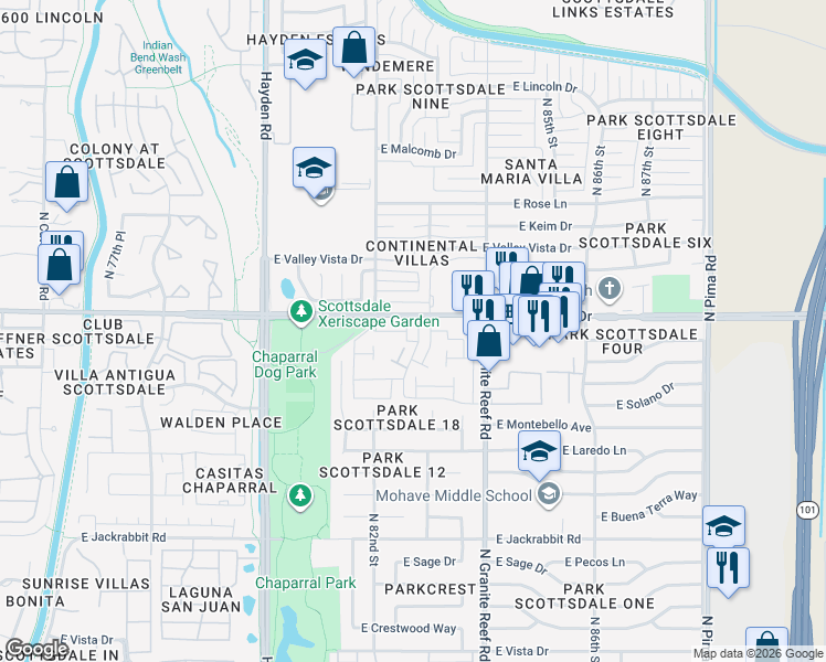 map of restaurants, bars, coffee shops, grocery stores, and more near 5988 North 83rd Street in Scottsdale