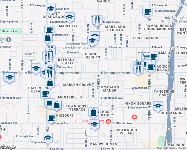 map of restaurants, bars, coffee shops, grocery stores, and more near 11-17 East Bethany Home Road in Phoenix