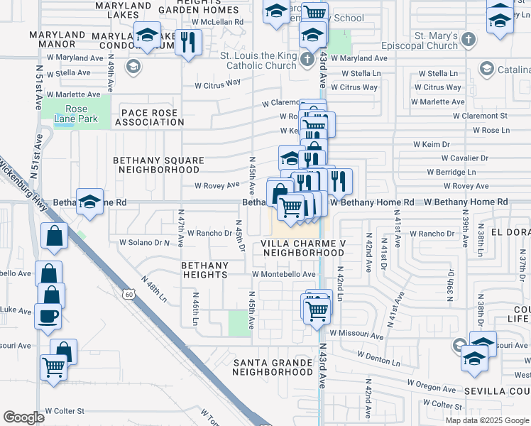 map of restaurants, bars, coffee shops, grocery stores, and more near 4413 West Bethany Home Road in Glendale