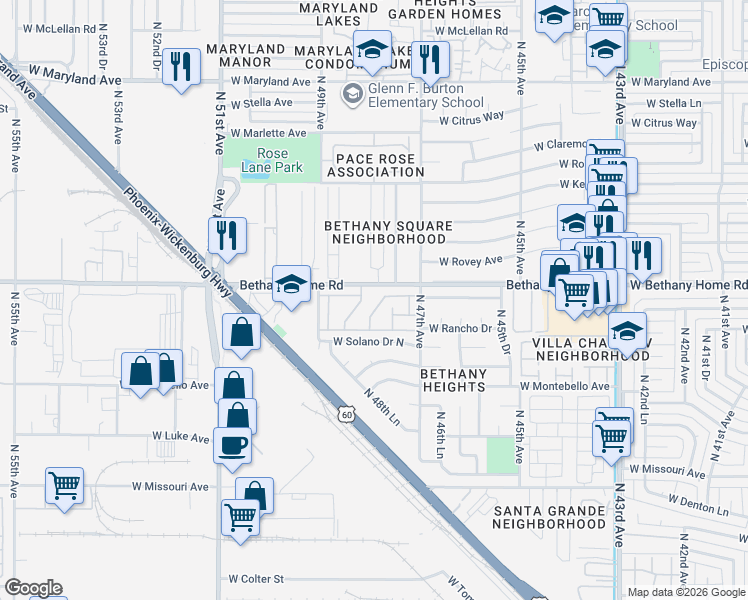 map of restaurants, bars, coffee shops, grocery stores, and more near in Glendale