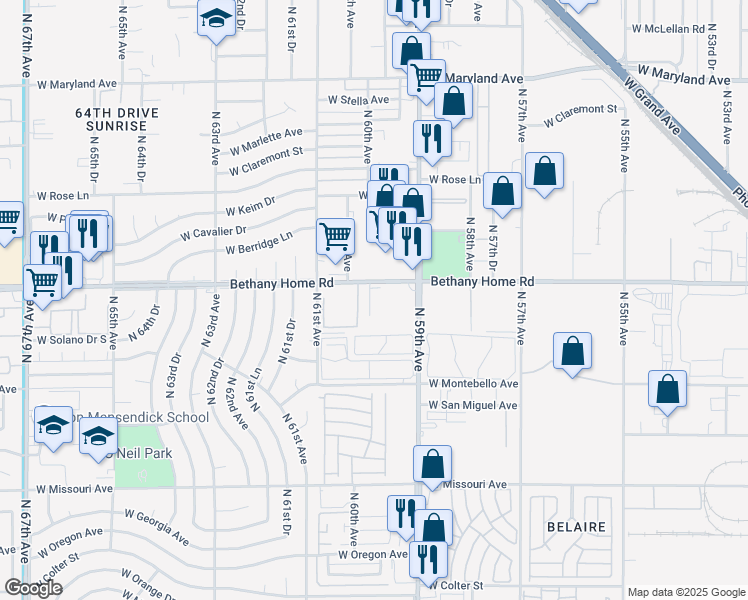 map of restaurants, bars, coffee shops, grocery stores, and more near 5875 North 59th Drive in Glendale