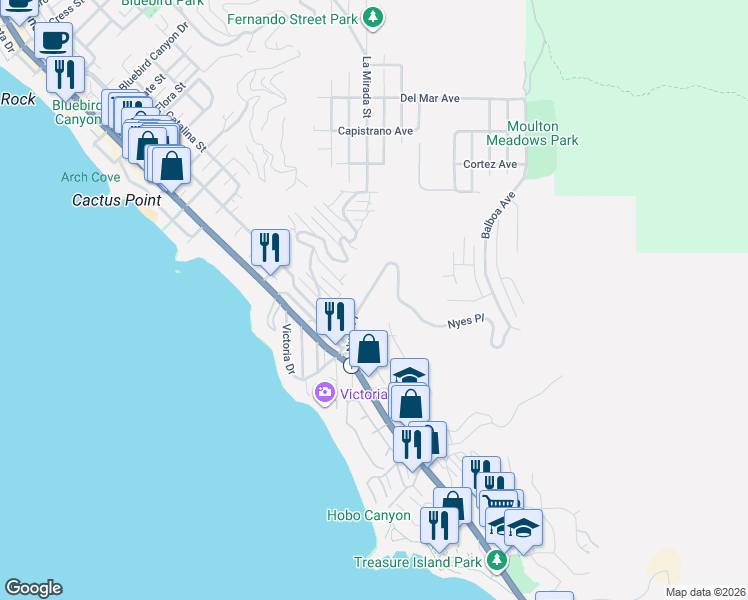 map of restaurants, bars, coffee shops, grocery stores, and more near 437 Nyes Place in Laguna Beach