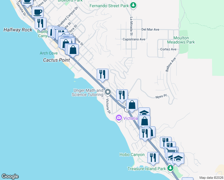 map of restaurants, bars, coffee shops, grocery stores, and more near 2675 Queda Way in Laguna Beach