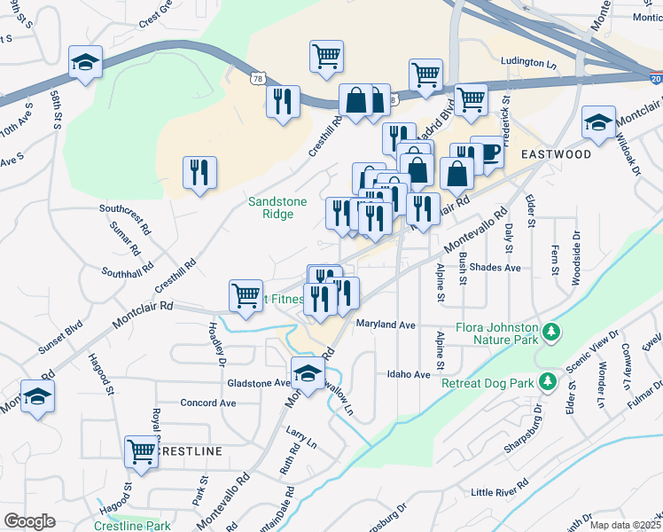 map of restaurants, bars, coffee shops, grocery stores, and more near 1409 John Wesley Drive South in Birmingham