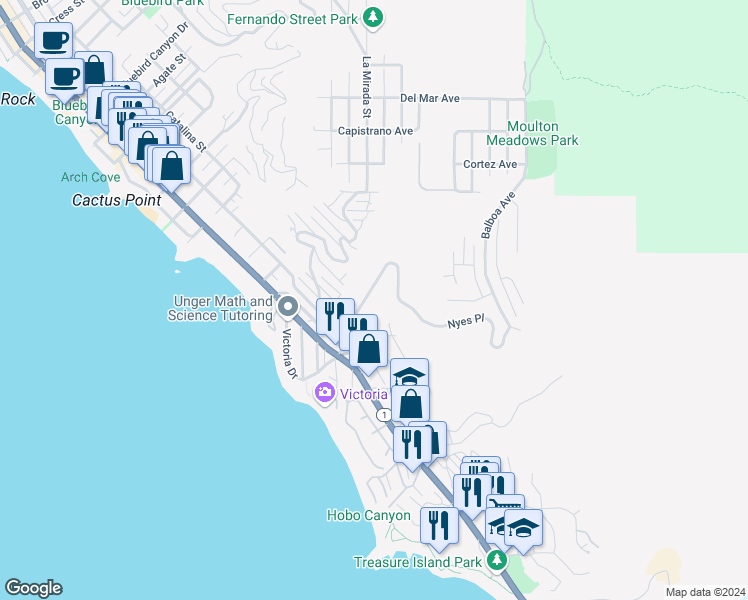 map of restaurants, bars, coffee shops, grocery stores, and more near 431 Nyes Place in Laguna Beach