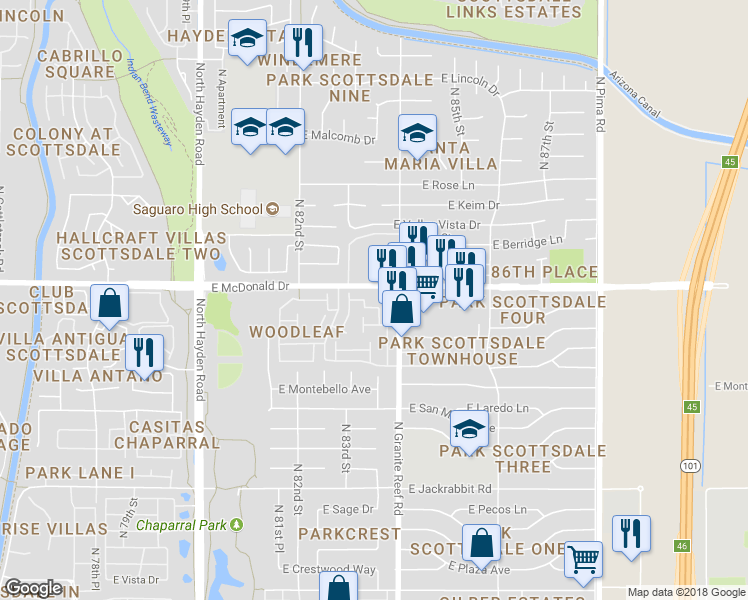 map of restaurants, bars, coffee shops, grocery stores, and more near 8355 East McDonald Drive in Scottsdale