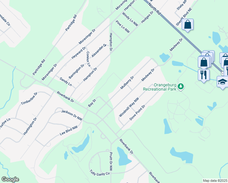 map of restaurants, bars, coffee shops, grocery stores, and more near 738 Mulberry Drive in Orangeburg
