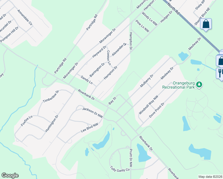 map of restaurants, bars, coffee shops, grocery stores, and more near 128 Bay Street in Orangeburg