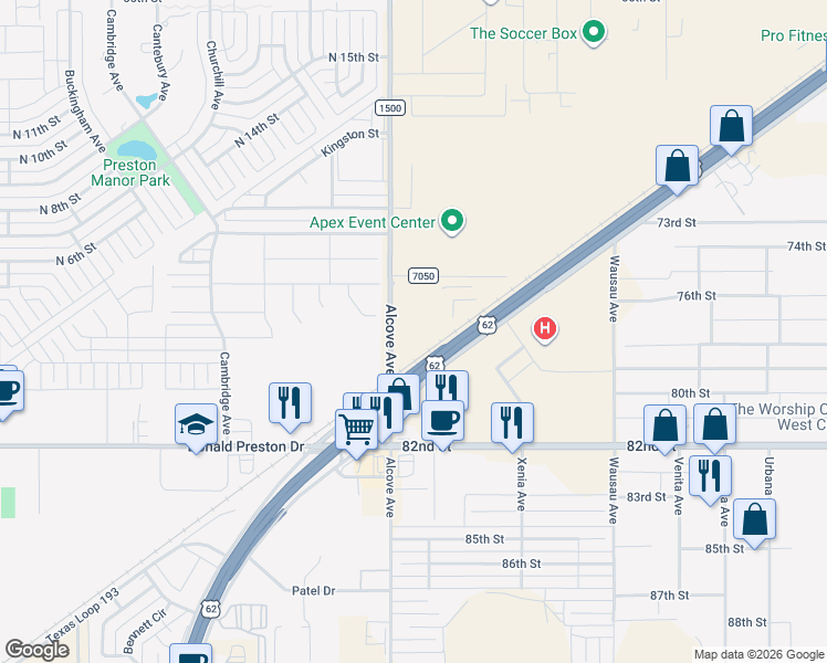 map of restaurants, bars, coffee shops, grocery stores, and more near 7701-7781 Alcove Avenue in Wolfforth
