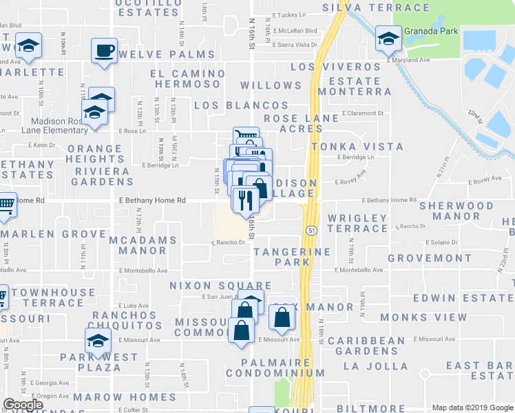 map of restaurants, bars, coffee shops, grocery stores, and more near 1601 East Bethany Home Road in Phoenix