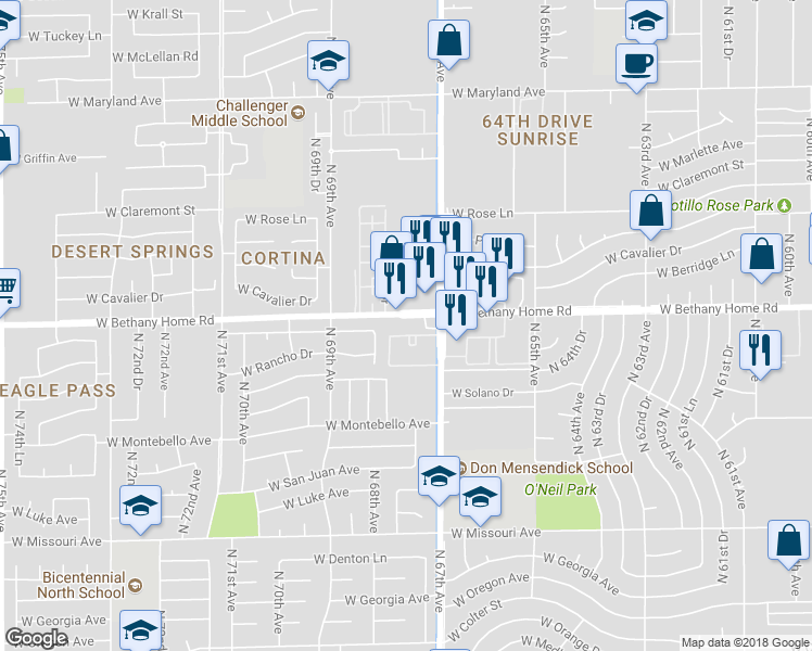 map of restaurants, bars, coffee shops, grocery stores, and more near 6731 West Bethany Home Road in Glendale