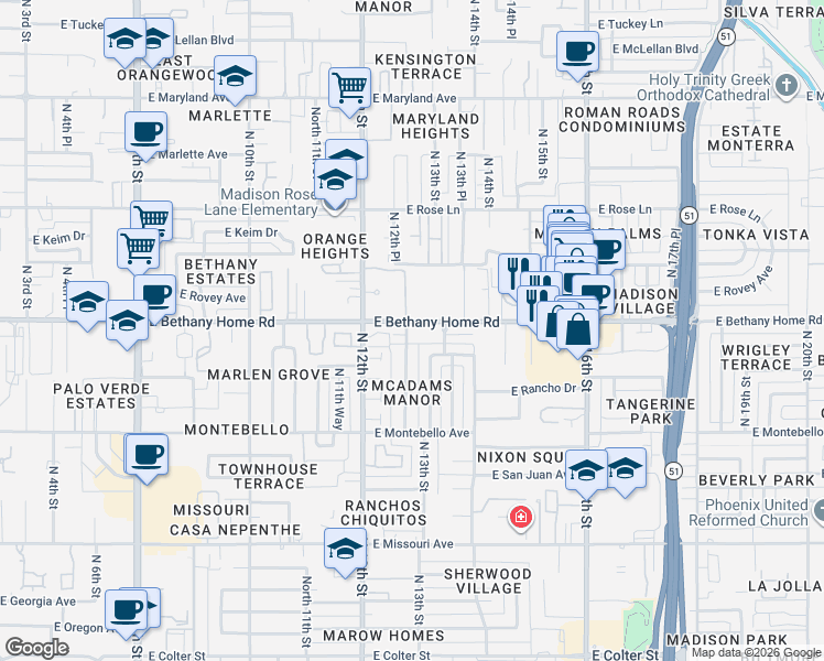 map of restaurants, bars, coffee shops, grocery stores, and more near 5841 North 12th Place in Phoenix