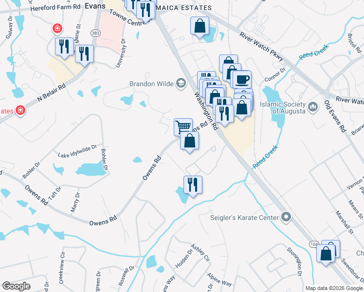 map of restaurants, bars, coffee shops, grocery stores, and more near 4216 Washington Road in Evans