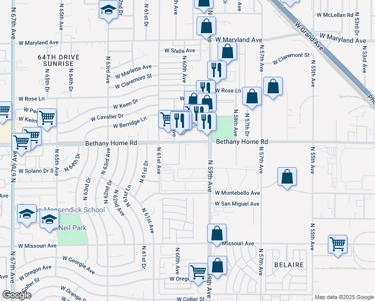 map of restaurants, bars, coffee shops, grocery stores, and more near 5875 North 59th Drive in Glendale