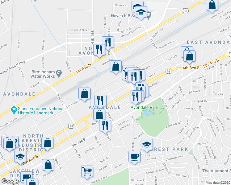 map of restaurants, bars, coffee shops, grocery stores, and more near 3917 2nd Avenue South in Birmingham