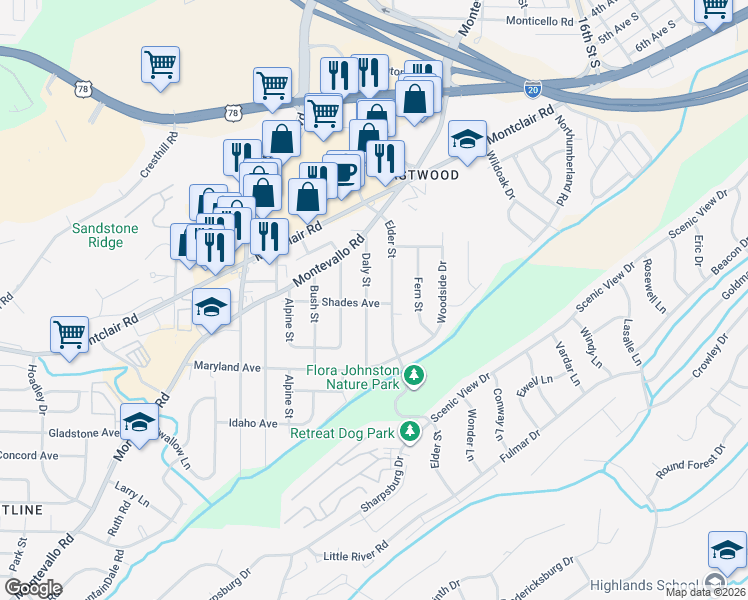 map of restaurants, bars, coffee shops, grocery stores, and more near 165 Daly Street in Irondale