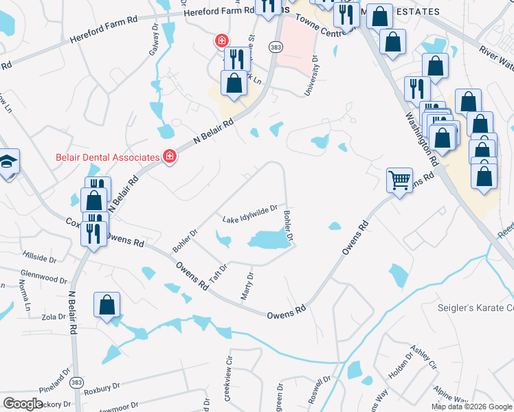map of restaurants, bars, coffee shops, grocery stores, and more near 4377 Lake Idylwilde Drive in Evans